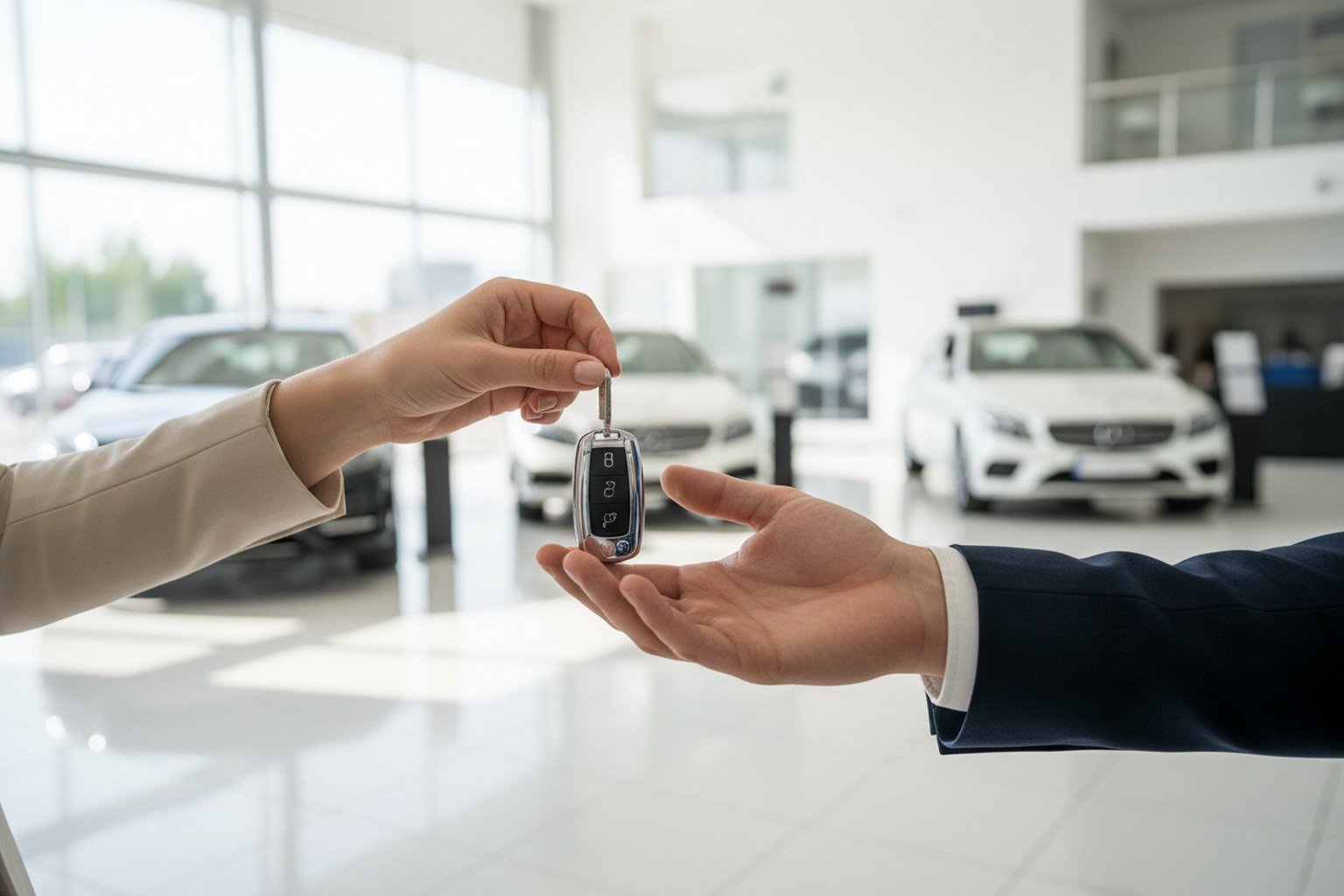 Übergabe von Autoschlüsseln vor einem modernen Showroom