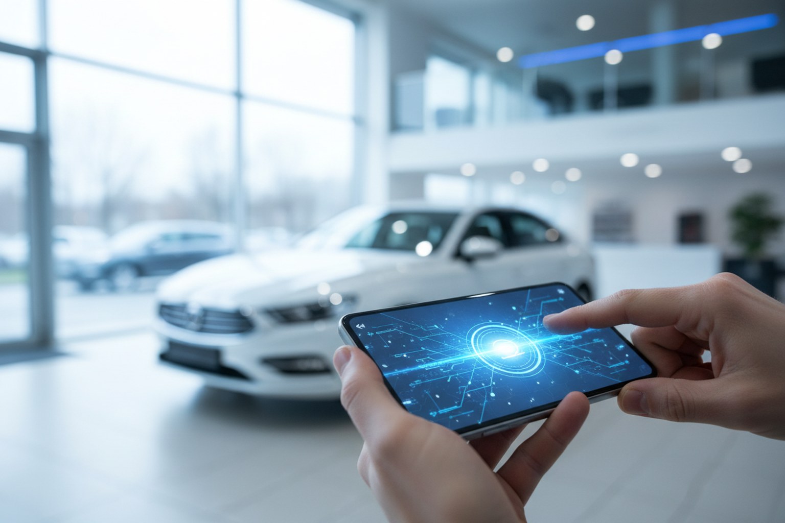 Hände, die per Smartphone eine Zahlung an ein Autohaus durchführen